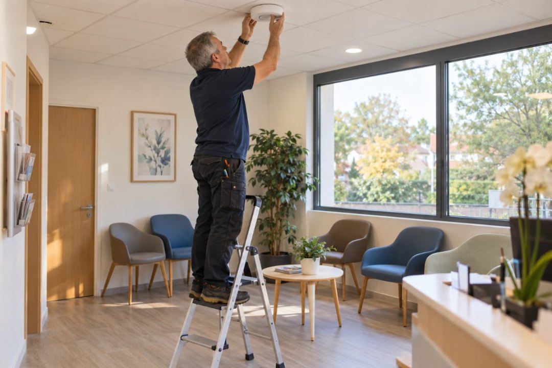 Technicien installant une borne Wi-Fi au plafond de la salle d’attente d’un cabinet médical