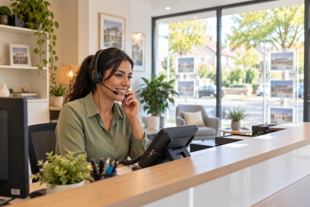 Réceptionniste d’une agence immobilière en ligne avec un client, téléphone IP sur le comptoir