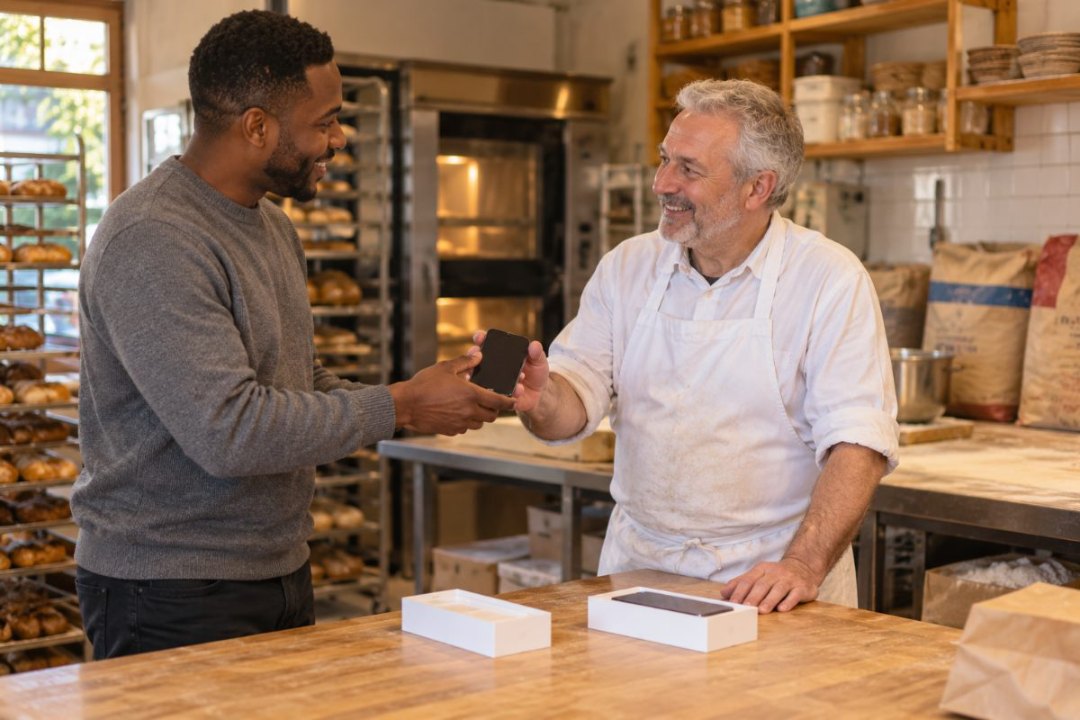 Technicien remettant un smartphone professionnel configuré à un boulanger