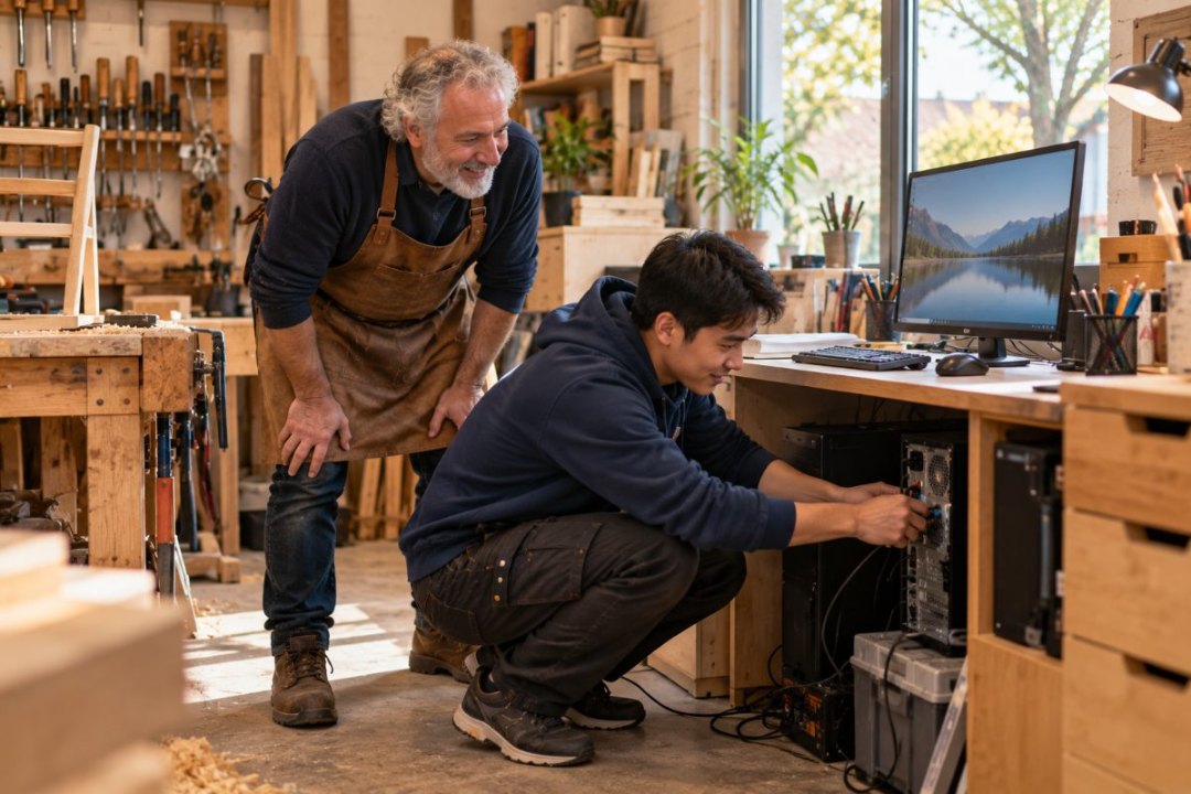 Technicien dépannant l’ordinateur d’un artisan ébéniste dans son atelier