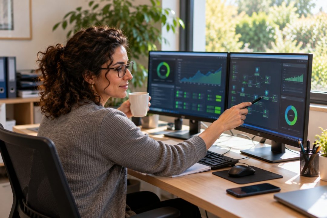 Technicienne supervisant un parc informatique depuis deux écrans de monitoring