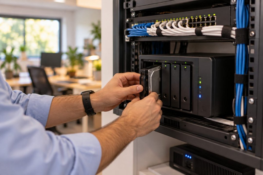 Technicien insérant un disque dans un serveur de sauvegarde NAS installé en baie réseau