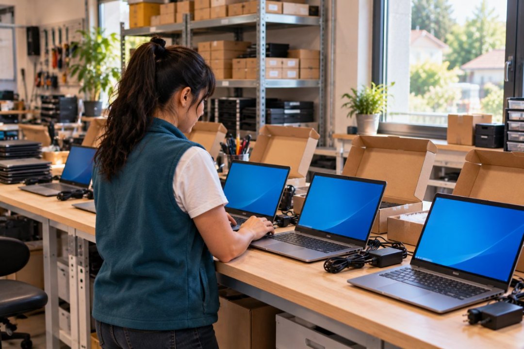 Technicienne préparant et configurant des ordinateurs portables neufs avant livraison